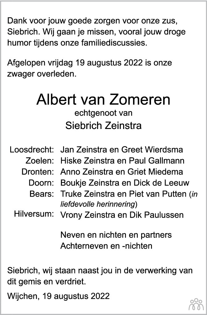 Overlijdensbericht van Albert René van Zomeren in de Gelderlander