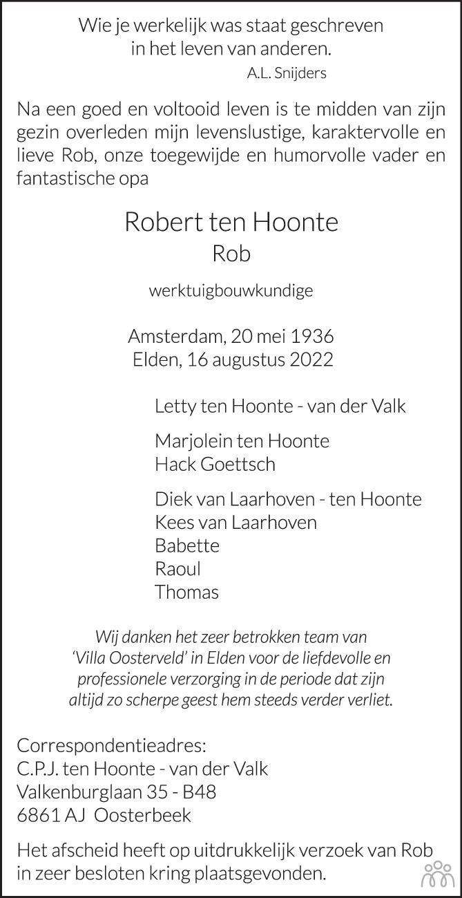 Robert (Rob) ten Hoonte 16-08-2022 overlijdensbericht en condoleances ...