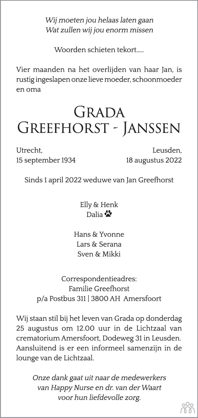 Overlijdensbericht van Grada Greefhorst-Janssen in AD Algemeen Dagblad