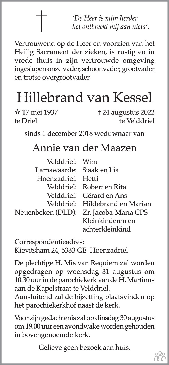 Overlijdensbericht van Hillebrand van Kessel in Brabants Dagblad