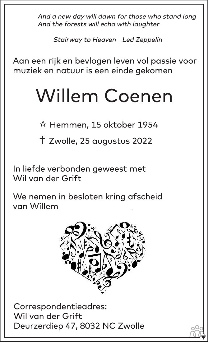 Overlijdensbericht van Willem Coenen in de Stentor
