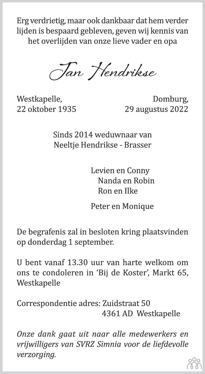 Jan Hendrikse 29-08-2022 Overlijdensbericht En Condoleances - Mensenlinq.nl