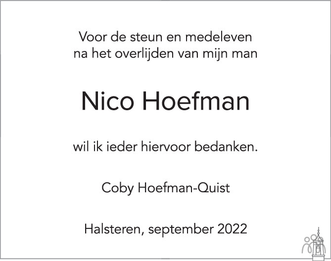 Overlijdensbericht van Nico Hoefman in BN DeStem