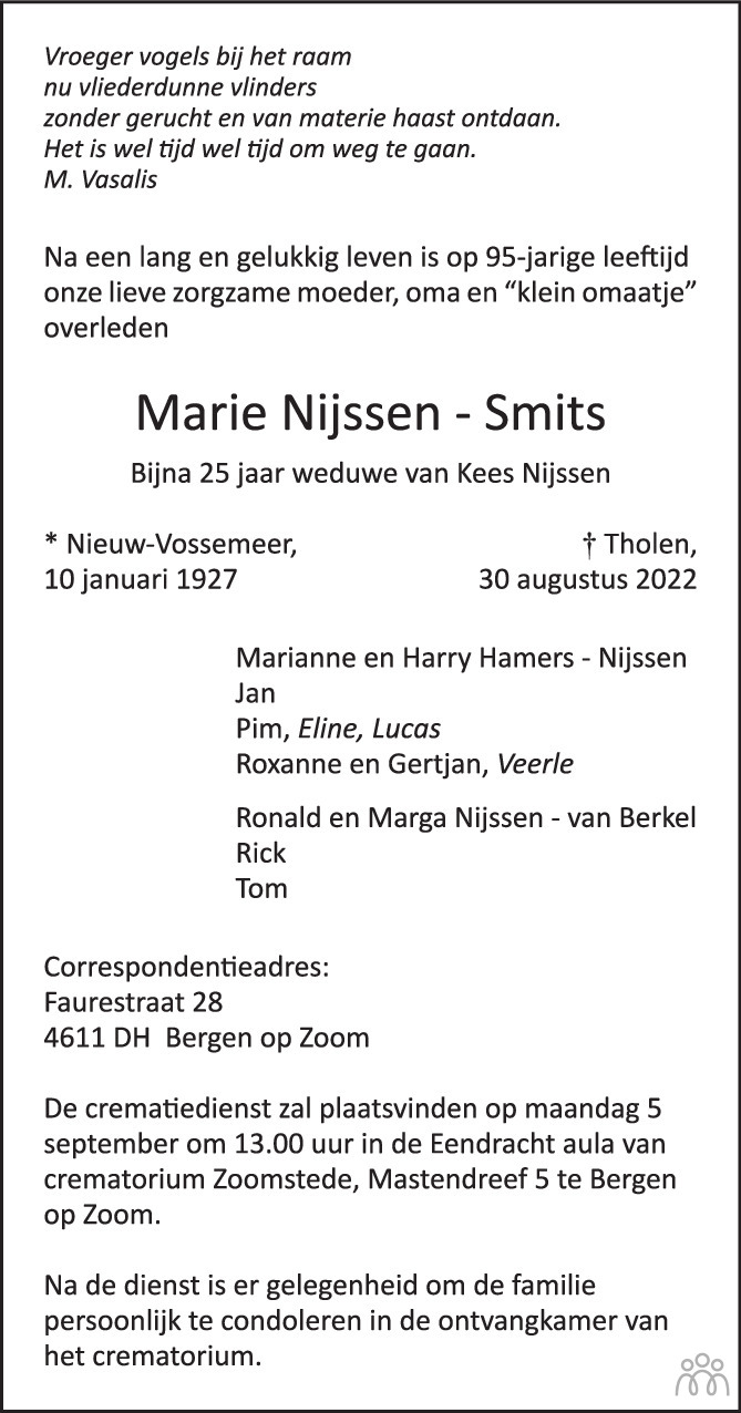 Overlijdensbericht van Marie  Nijssen-Smits in BN DeStem