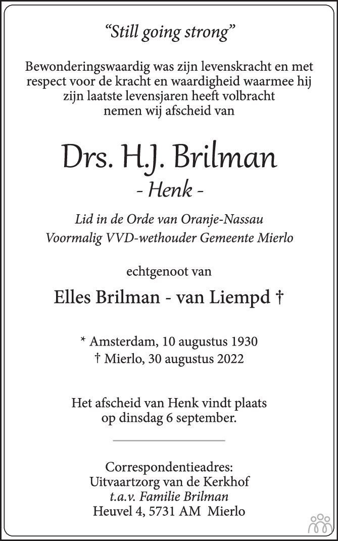 Drs, H.J. Henk Brilman 30-08-2022 overlijdensbericht en condoleances ...