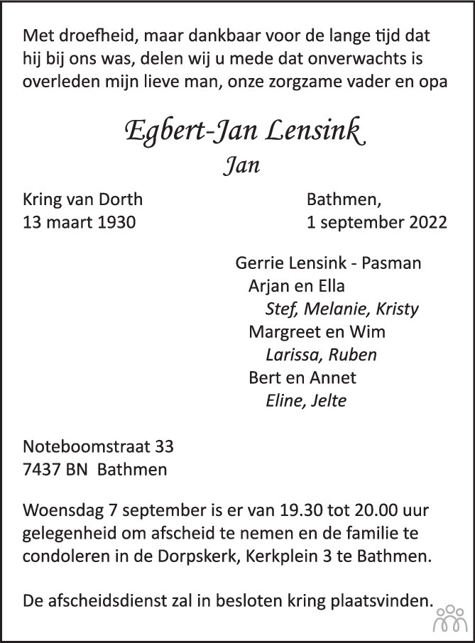Overlijdensbericht van Egbert-Jan Lensink in de Stentor