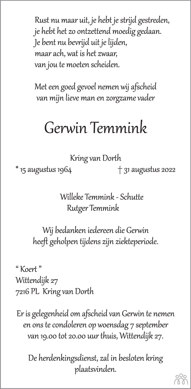 Overlijdensbericht van Gerwin Temmink in de Stentor