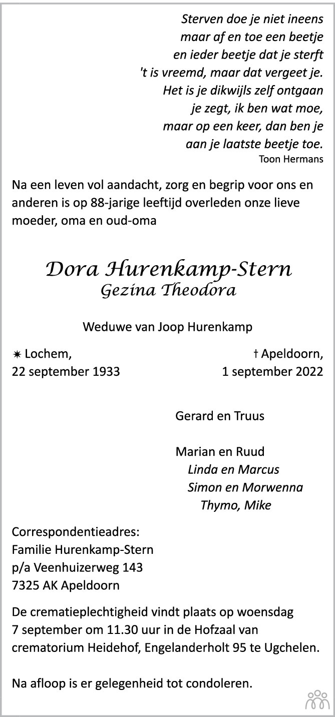 Overlijdensbericht van Dora (Gezina Theodora) Hurenkamp-Stern in de Stentor