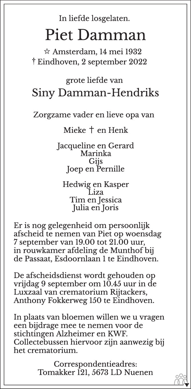 Overlijdensbericht van Piet Damman in Eindhovens Dagblad