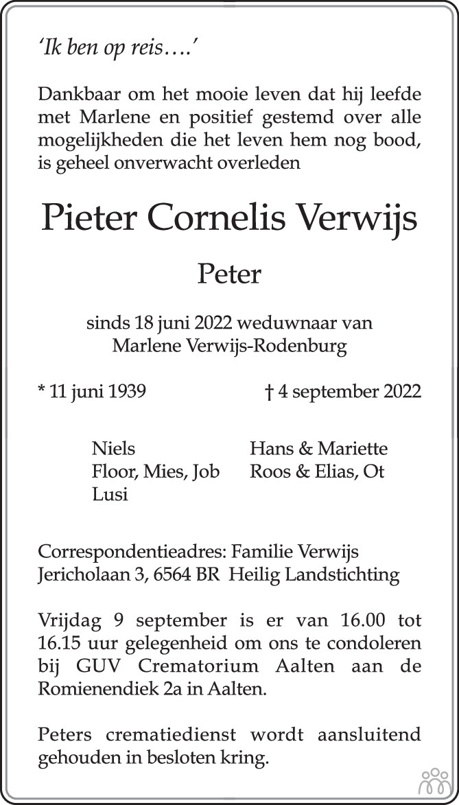 Pieter Cornelis (Peter) Verwijs 04-09-2022 overlijdensbericht en ...