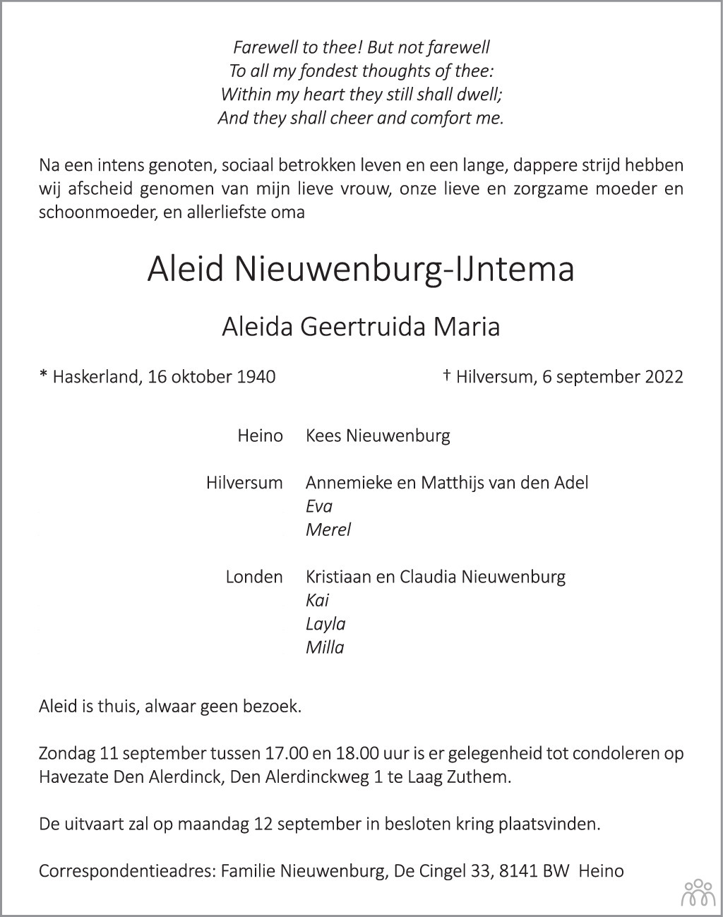 Overlijdensbericht van Aleid (Aleida Geertruida Maria) Nieuwenburg-IJntema in de Stentor