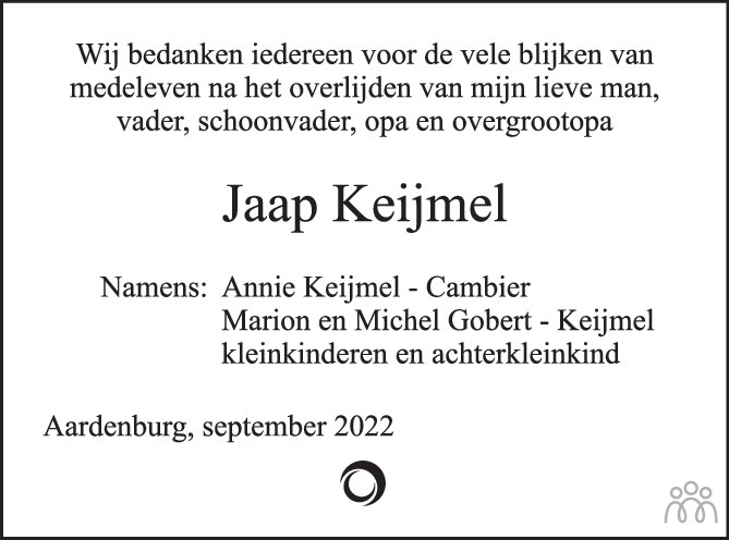 Overlijdensbericht van Jaap Keijmel in PZC Provinciale Zeeuwse Courant
