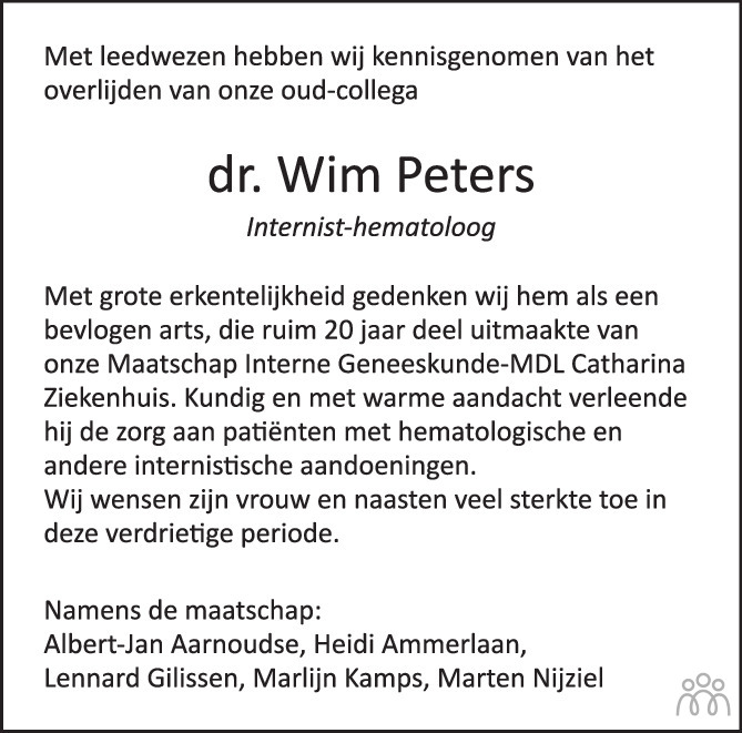Overlijdensbericht van Wim Peters in Eindhovens Dagblad