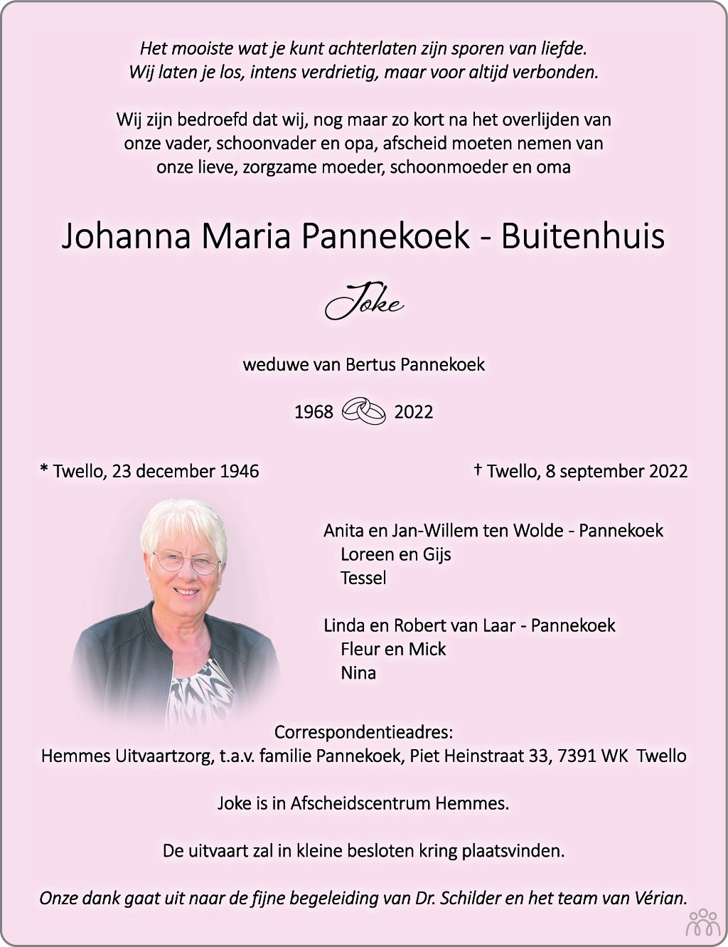 Johanna Maria (Joke) Pannekoek-Buitenhuis 08-09-2022 overlijdensbericht