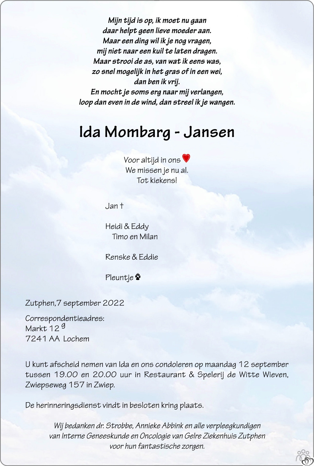 Overlijdensbericht van Ida Mombarg-Jansen in de Stentor
