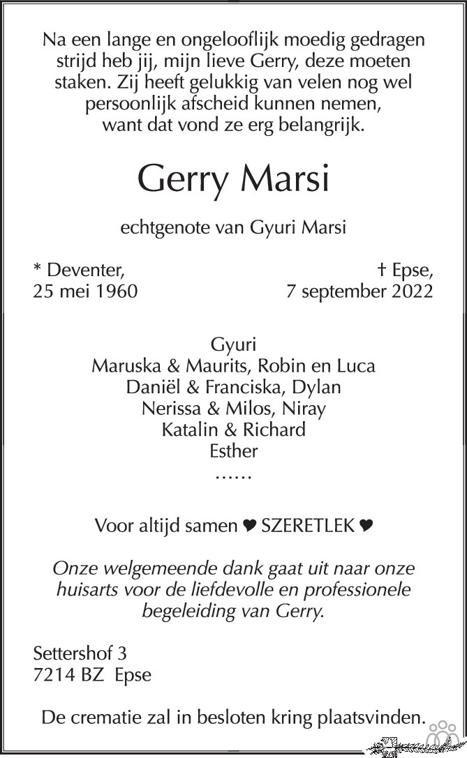 Overlijdensbericht van Gerry Marsi in de Stentor