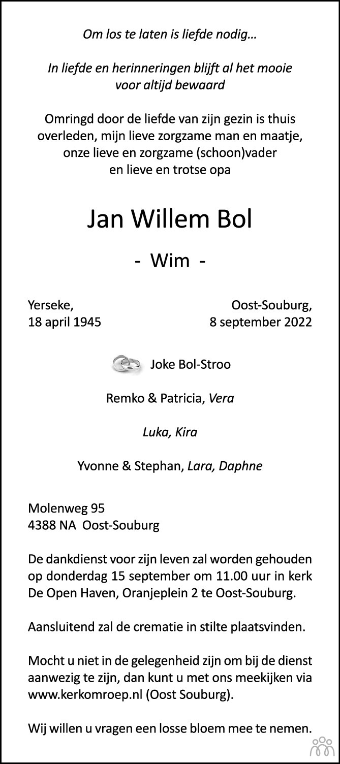 Overlijdensbericht van Jan Willem (Wim) Bol in PZC Provinciale Zeeuwse Courant