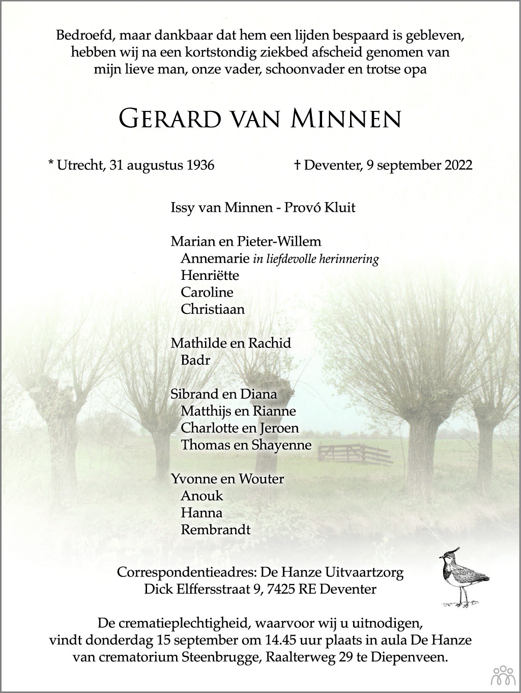 Overlijdensbericht van Gerard van Minnen in de Stentor
