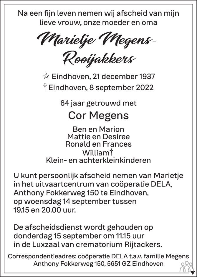 Overlijdensbericht van Marietje Megens-Rooijakkers in Eindhovens Dagblad