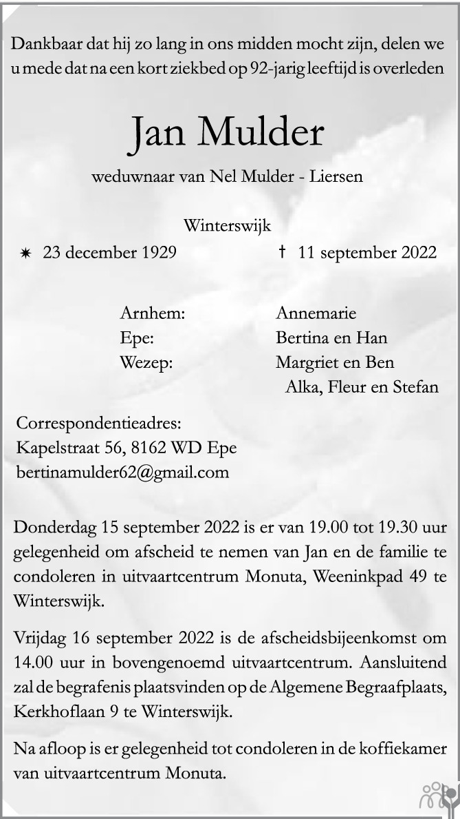 Jan Mulder 11092022 overlijdensbericht en condoleances Mensenlinq.nl