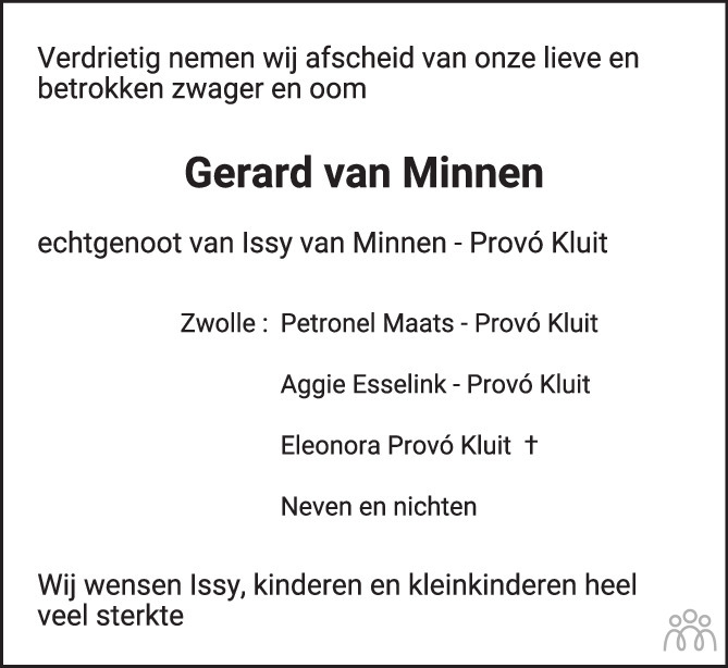 Overlijdensbericht van Gerard van Minnen in de Stentor