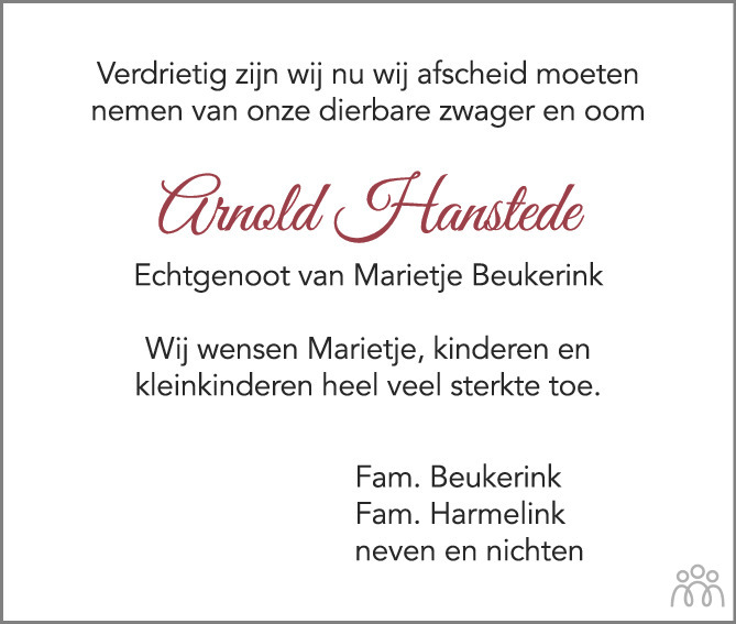 Overlijdensbericht van Arnold Hanstede in Tubantia