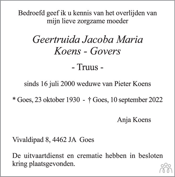 Geertruida Jacoba Maria (Truus) KoensGovers 10092022 overlijdensbericht en condoleances Geertruida Jacoba Maria (Truus) KoensGovers 10092022 overlijdensbericht en condoleances