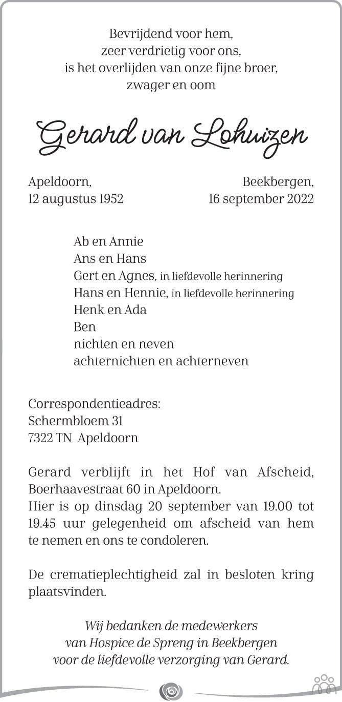 Overlijdensbericht van Gerard van Lohuizen in de Stentor