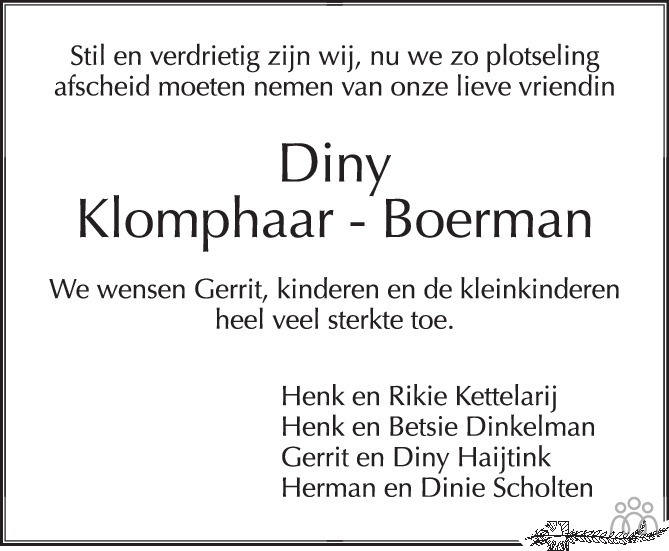 Overlijdensbericht van Everdina (Diny) Klomphaar-Boerman in de Stentor