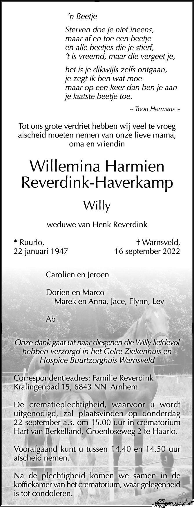 Overlijdensbericht van Willemina Harmien (Willy) Reverdink-Haverkamp in de Stentor