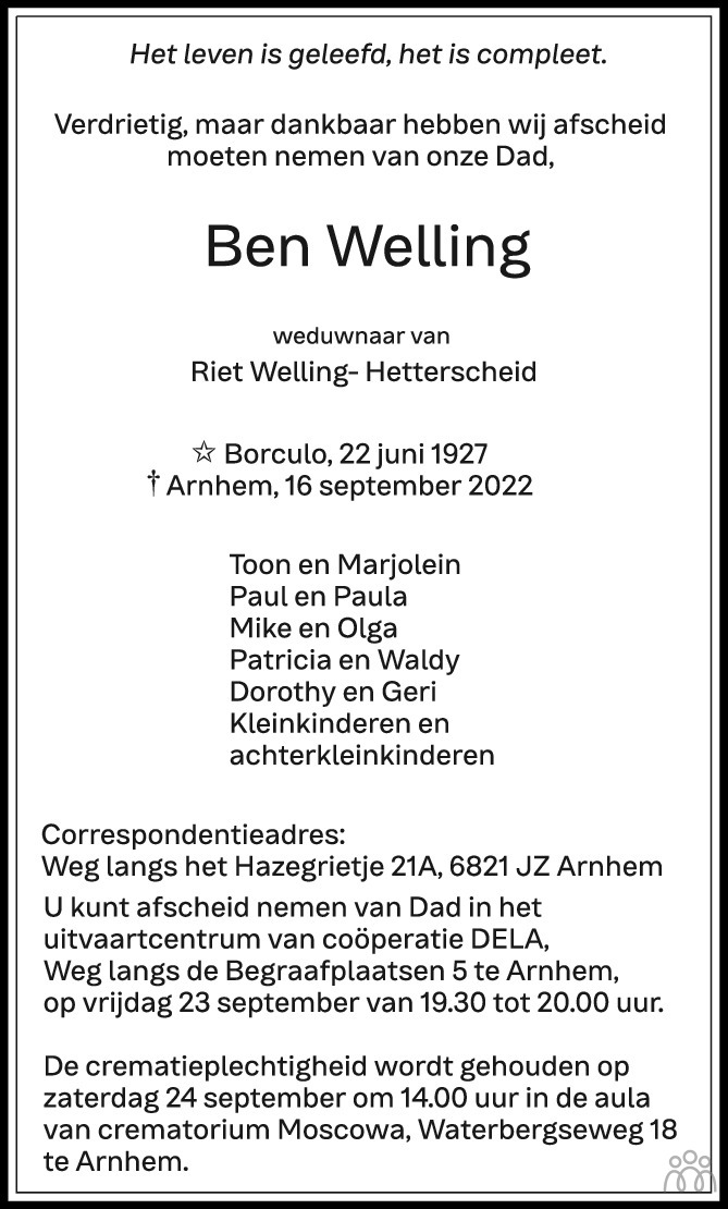 Overlijdensbericht van Ben Welling in de Gelderlander
