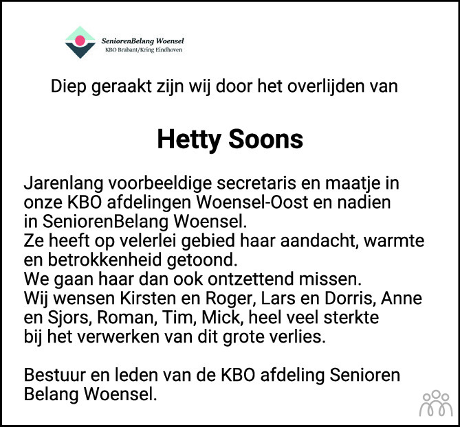 Overlijdensbericht van Hetty Soons in Eindhovens Dagblad