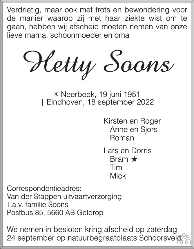 Overlijdensbericht van Hetty Soons in Eindhovens Dagblad