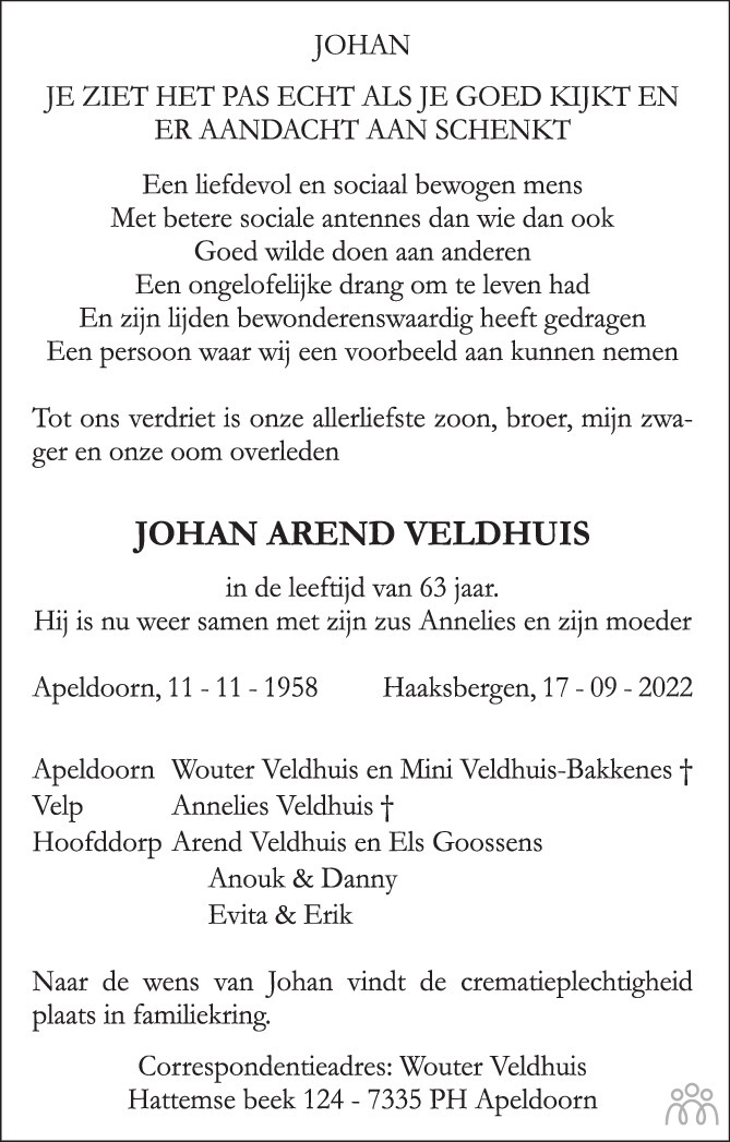 Overlijdensbericht van Johan Arend Veldhuis in de Stentor