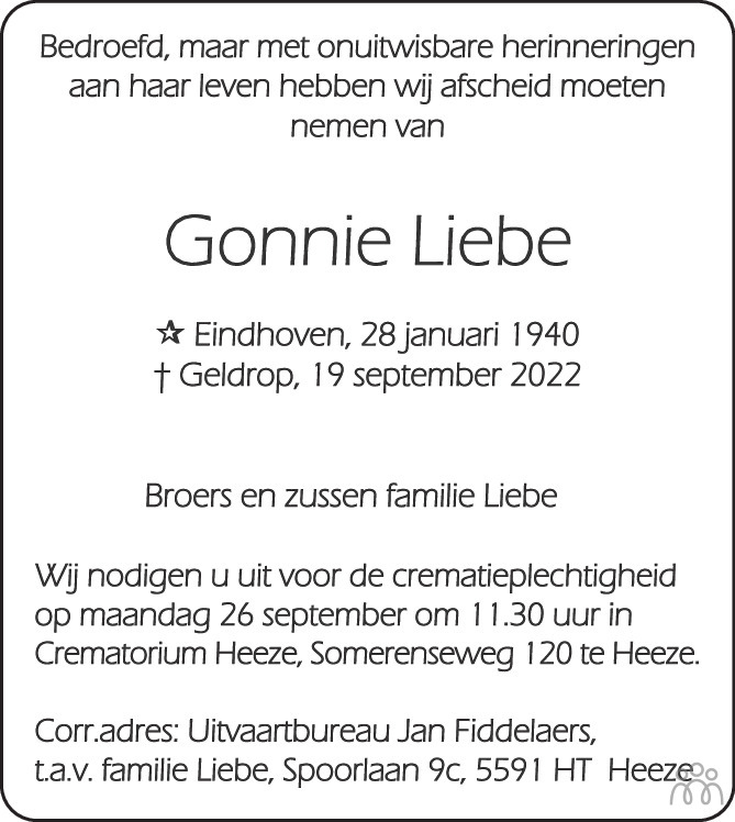 Overlijdensbericht van Gonnie Liebe in Eindhovens Dagblad