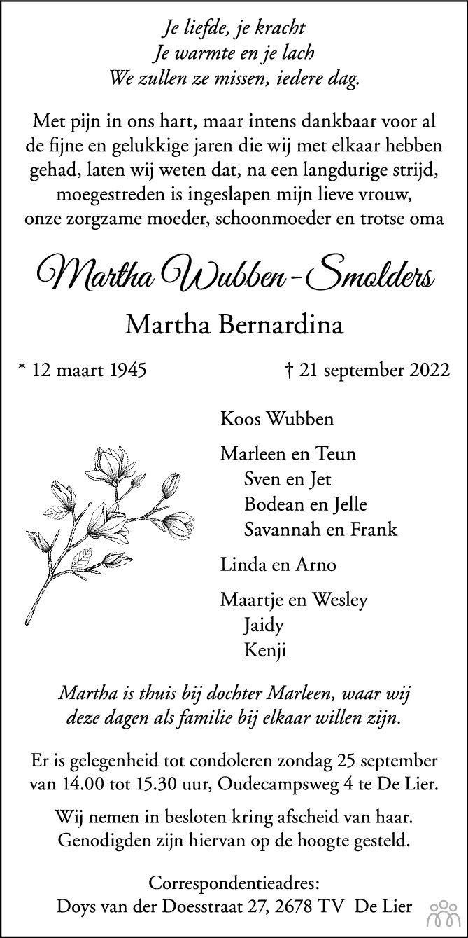 Overlijdensbericht van Martha (Martha Bernardina) Wubben-Smolders in AD Algemeen Dagblad