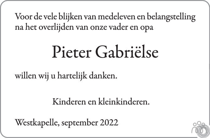 Overlijdensbericht van Pieter Gabriëlse in PZC Provinciale Zeeuwse Courant
