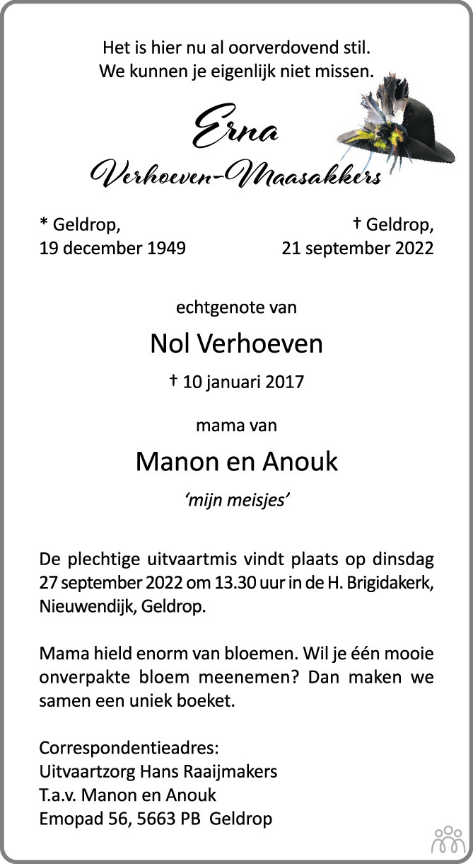 Overlijdensbericht van Erna Verhoeven-Maasakkers in Eindhovens Dagblad