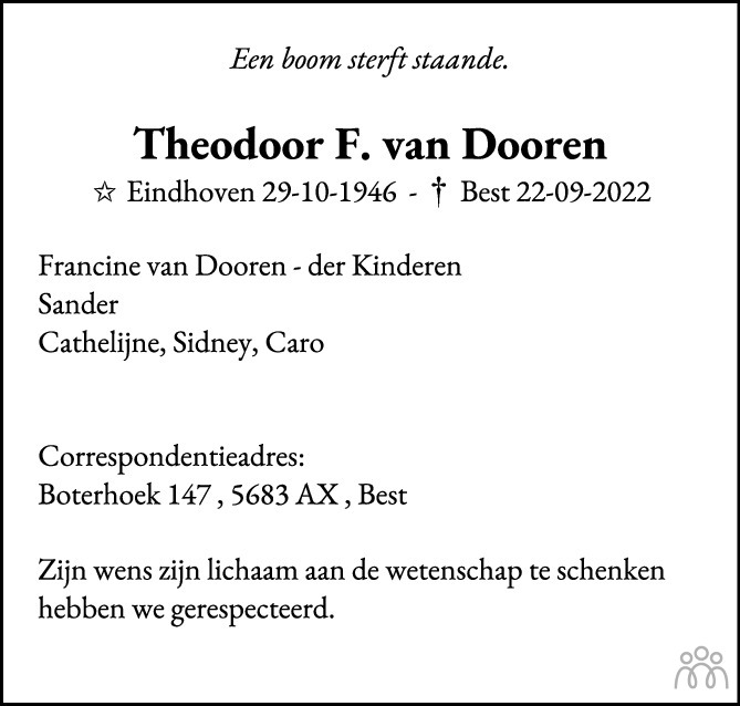 Overlijdensbericht van Theodoor van Dooren in Eindhovens Dagblad