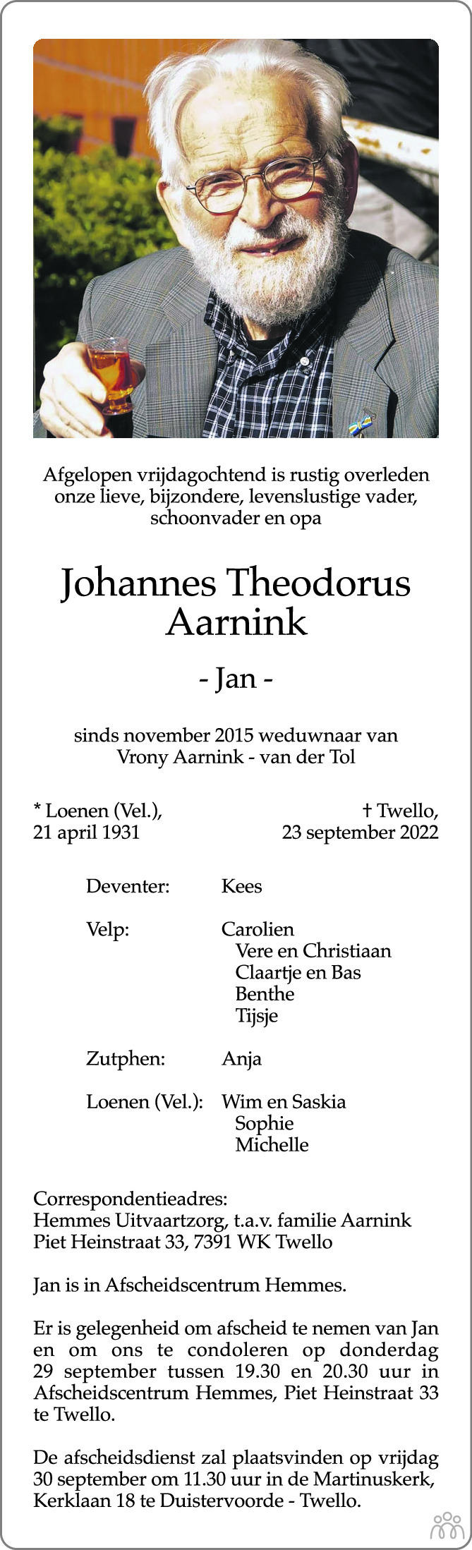 Overlijdensbericht van Johannes Theodorus (Jan) Aarnink in de Stentor