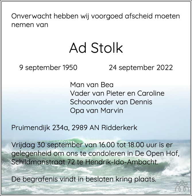 Ad Stolk 24 09 2022 Overlijdensbericht En Condoleances Mensenlinq Nl