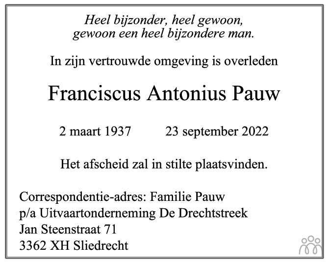 Franciscus Antonius Pauw Overlijdensbericht En Condoleances