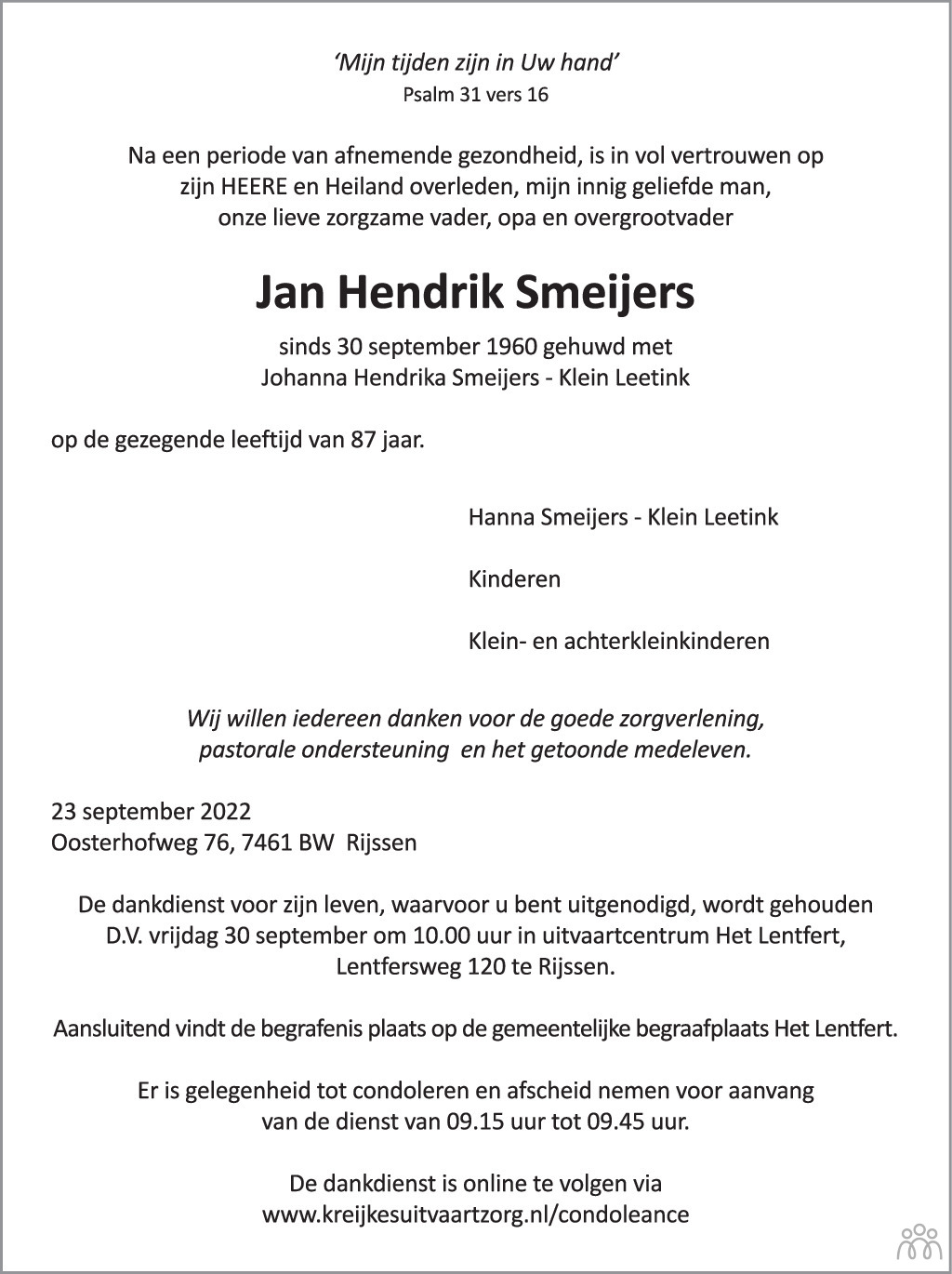 Overlijdensbericht van Jan Hendrik Smeijers in Tubantia