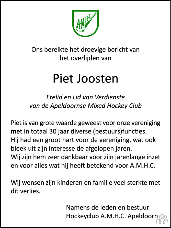 Overlijdensbericht van Pieter (Piet) Joosten in de Stentor