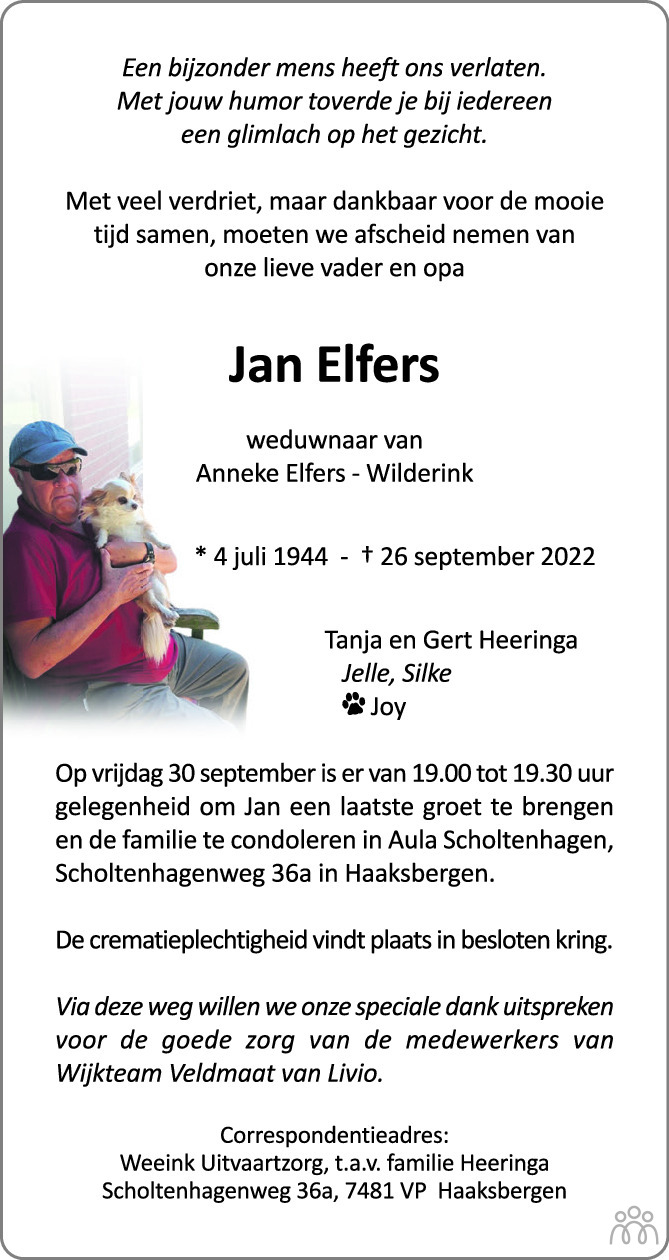 Jan Elfers 26-09-2022 Overlijdensbericht En Condoleances - Mensenlinq.nl