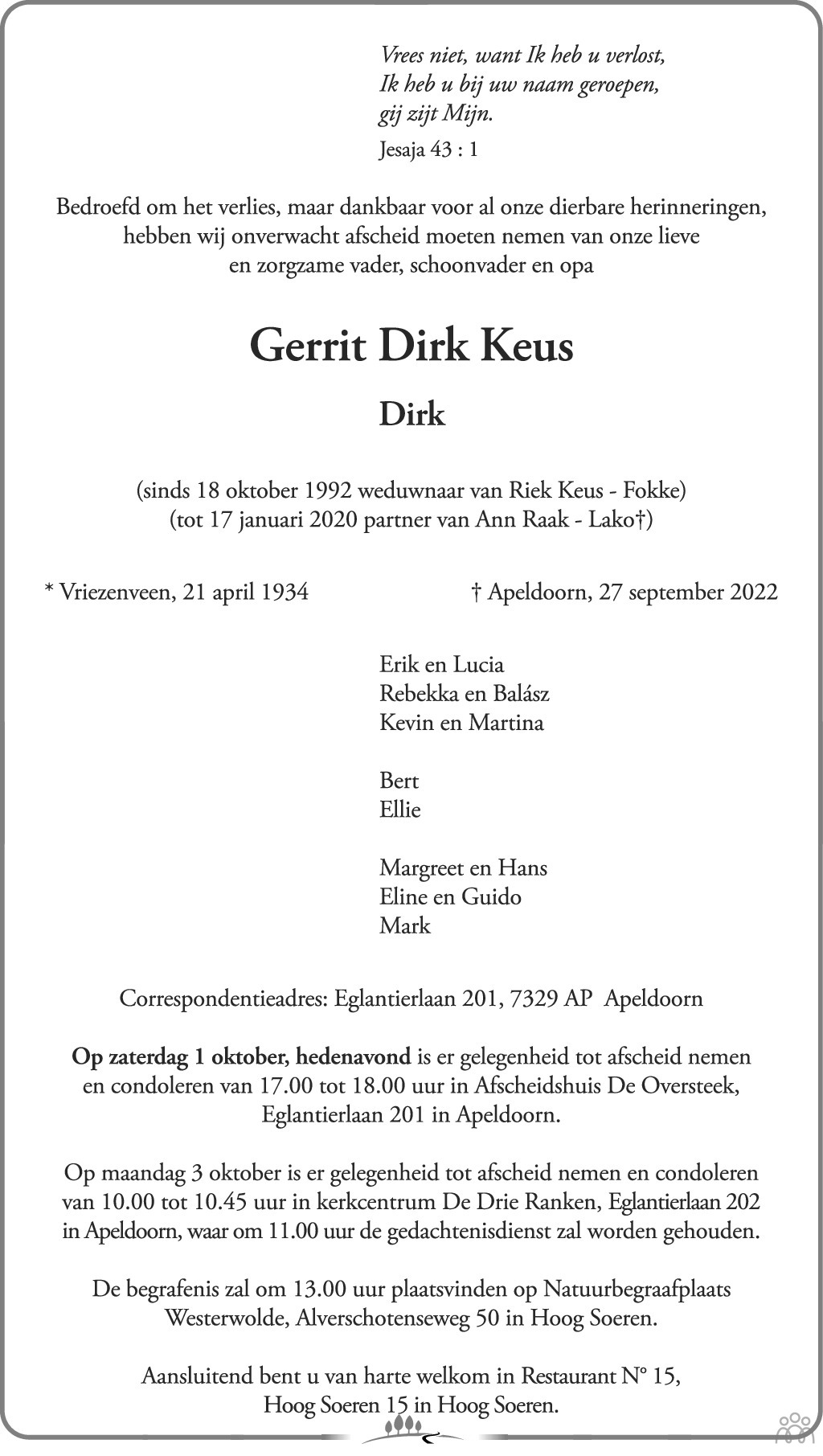 Overlijdensbericht van Gerrit Dirk Keus in de Stentor