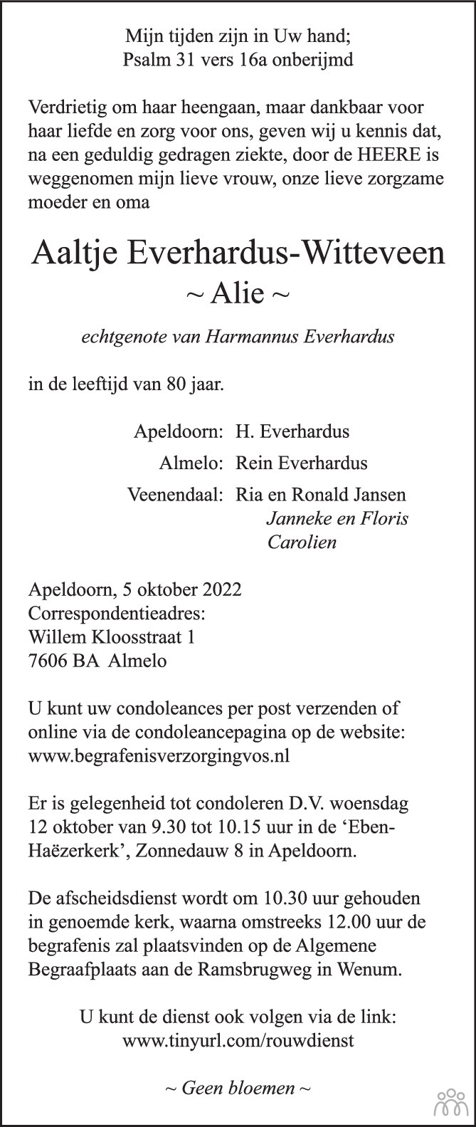 Aaltje (Alie) Everhardus-Witteveen 05-10-2022 overlijdensbericht en ...