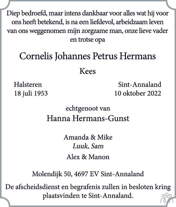 Overlijdensbericht van Cornelis Johannes Petrus (Kees)  Hermans in BN DeStem