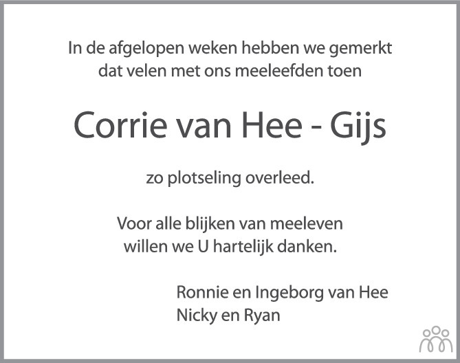 Cornelia Anna (Corrie) van Hee-Gijs 24-09-2022 overlijdensbericht en