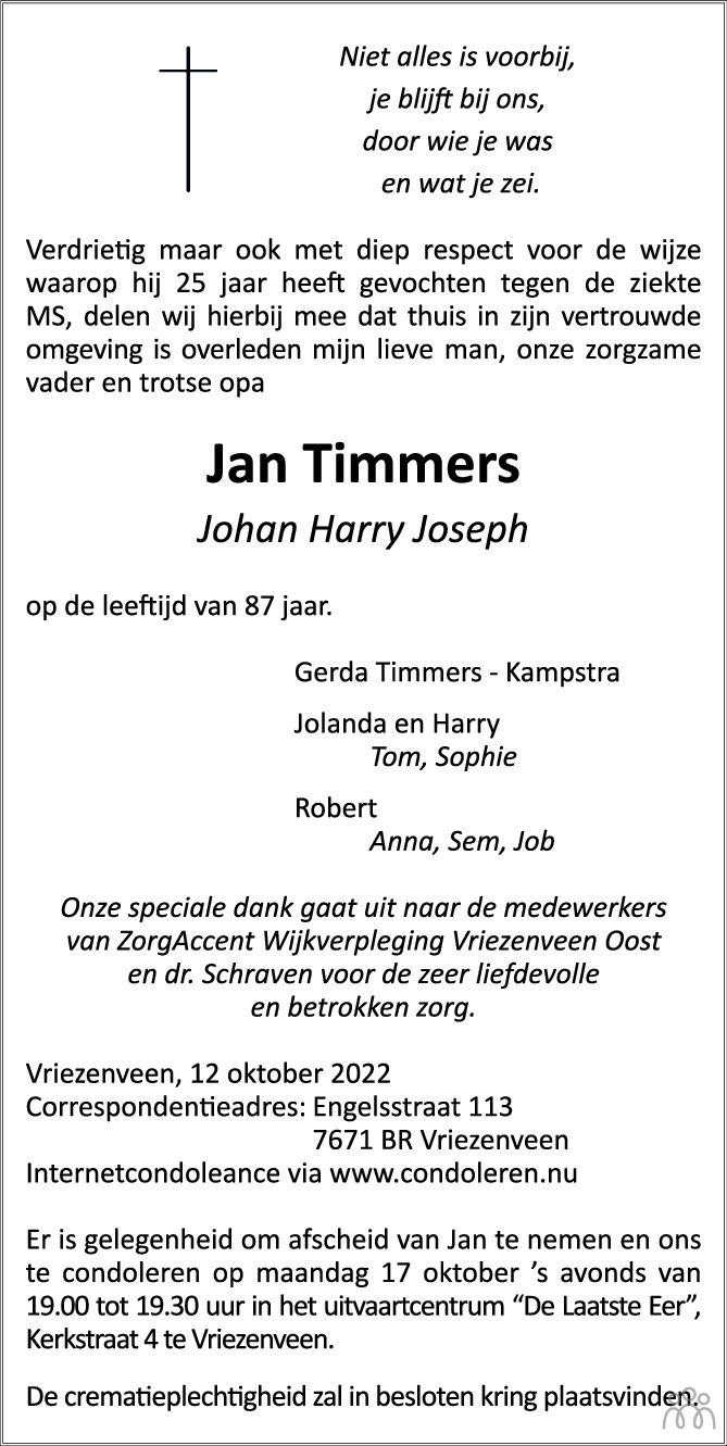 Jan Johan Harry Joseph Timmers 12 10 2022 Overlijdensbericht En